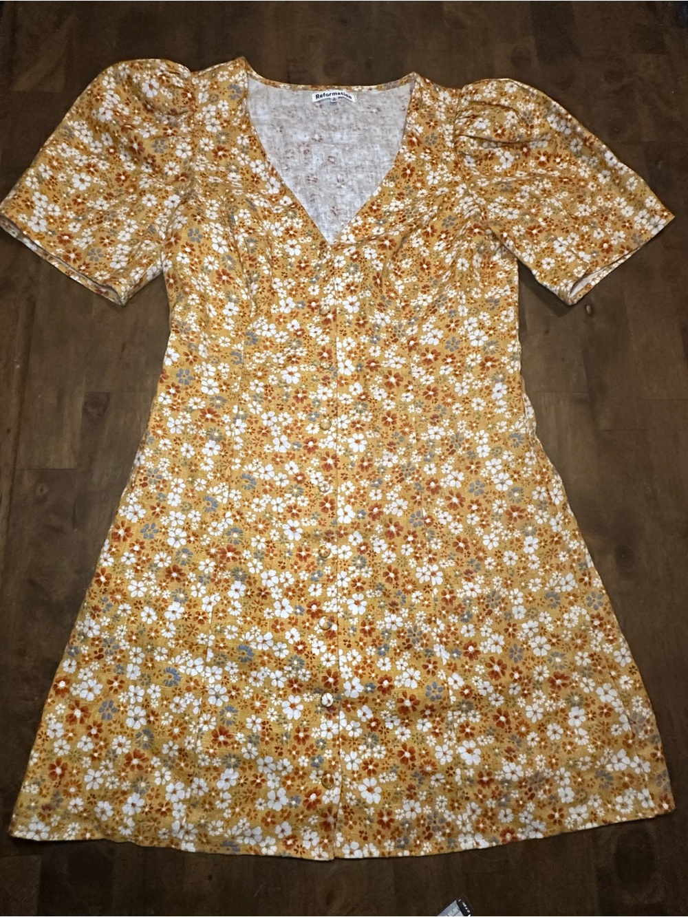 Reformation Yellow Floral Mini Dress 100% Linen